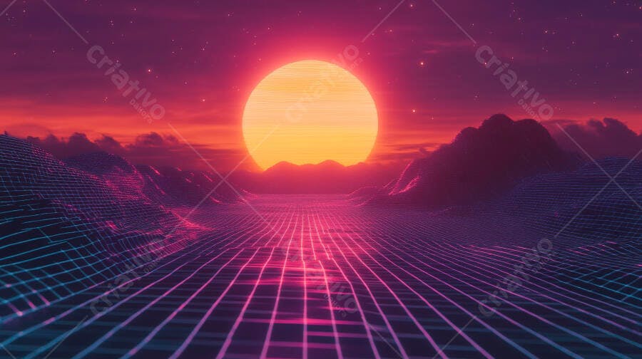 Sol gigante laranja em paisagem digital synthwave noturna com grade neon roxa e azul