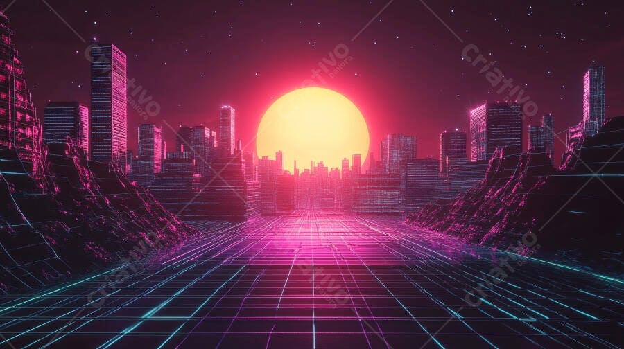 Cidade futurista de arranha-céus com sol néon rosa e grade azul estilo synthwave