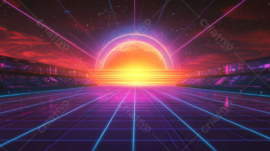 Cenário synthwave retrofuturista com sol neon e grade quadriculada