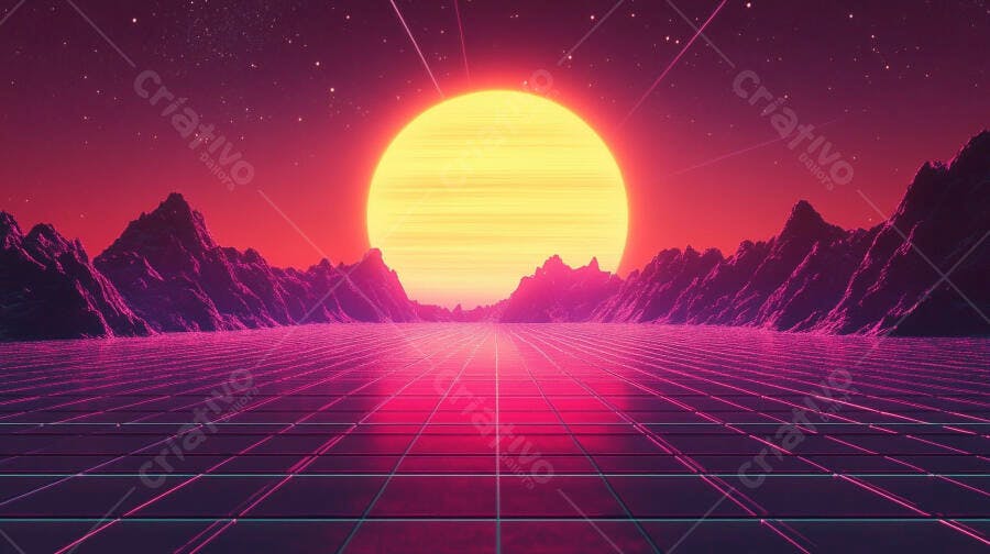Paisagem futurista neon com sol amarelo e montanhas roxas estilo synthwave