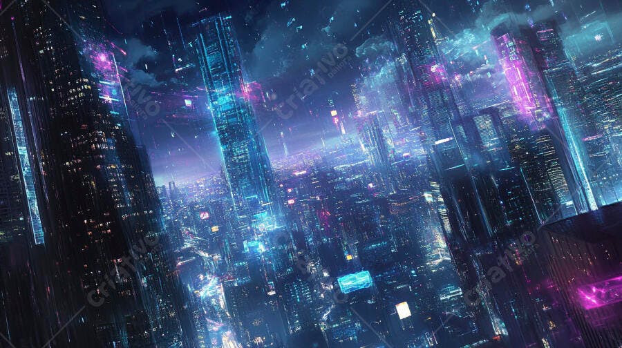 Metrópole futurista com arranha-céus iluminados por luzes neon vibrantes à noite