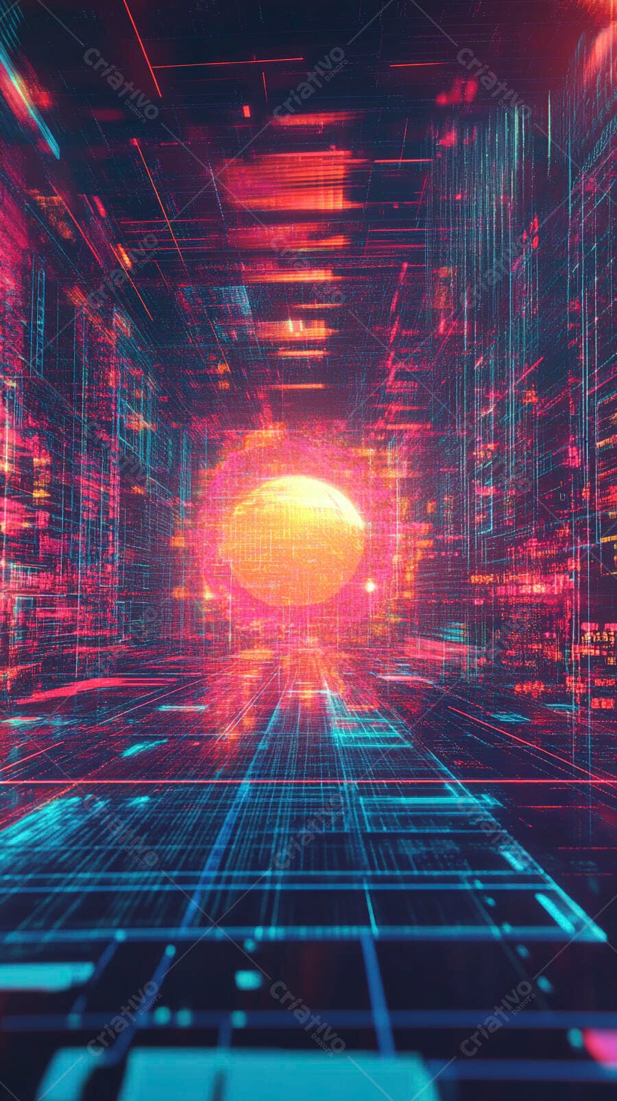 Túnel digital futurista com esfera de dados vermelha e azul neon