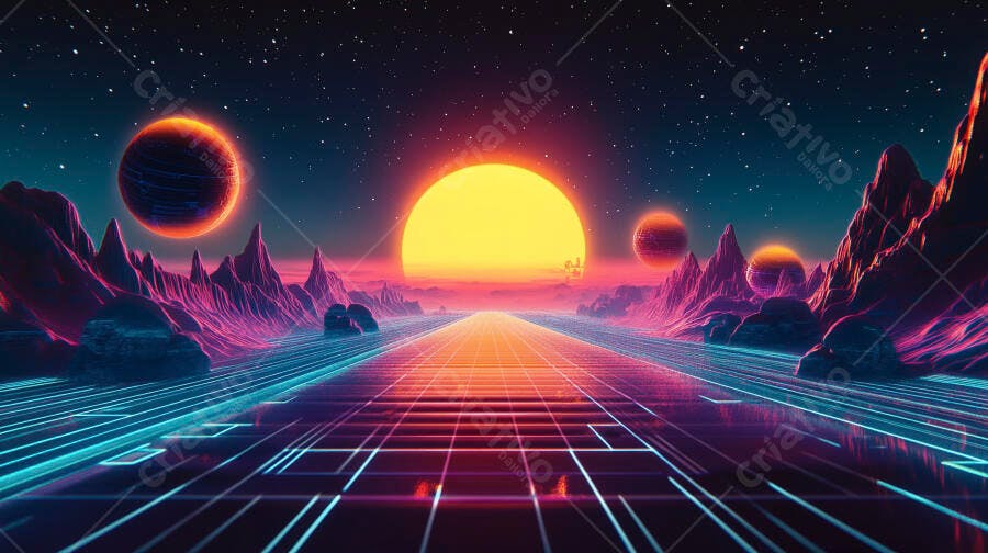 Cenário synthwave estrada neon montanhas roxas e sol laranja no espaço