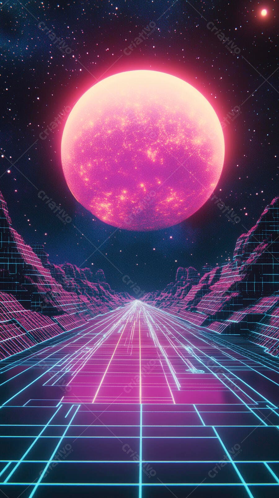 Cenário futurista com sol rosa gigante e estrada de grade neon azul