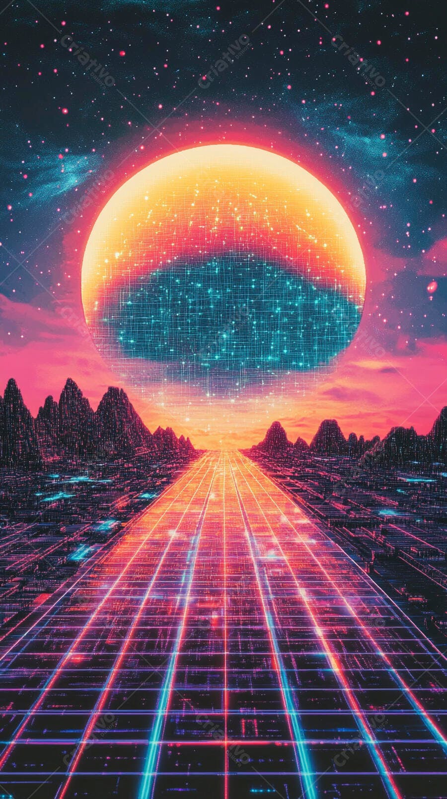 Paisagem futurista neon com estrada digital e sol brilhante no horizonte