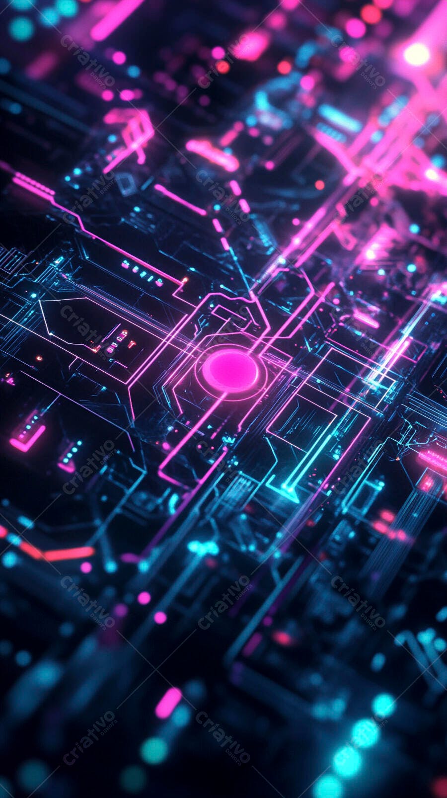 Circuito eletrônico abstrato com linhas rosa néon e azul elétrico