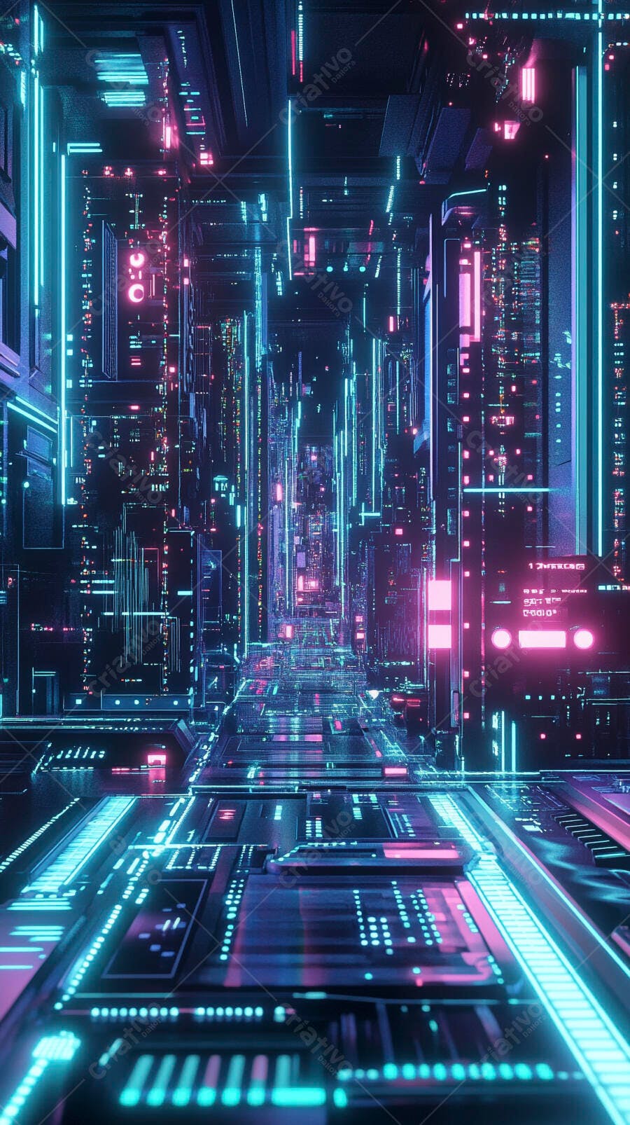 Cidade futurista com ruas iluminadas por néons azuis e roxos