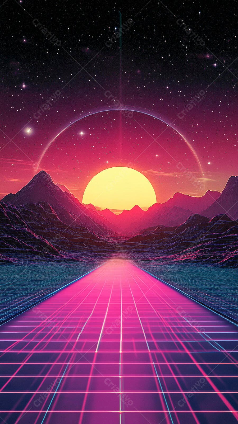 Paisagem synthwave com estrada neon montanhas e sol gigante no céu estrelado