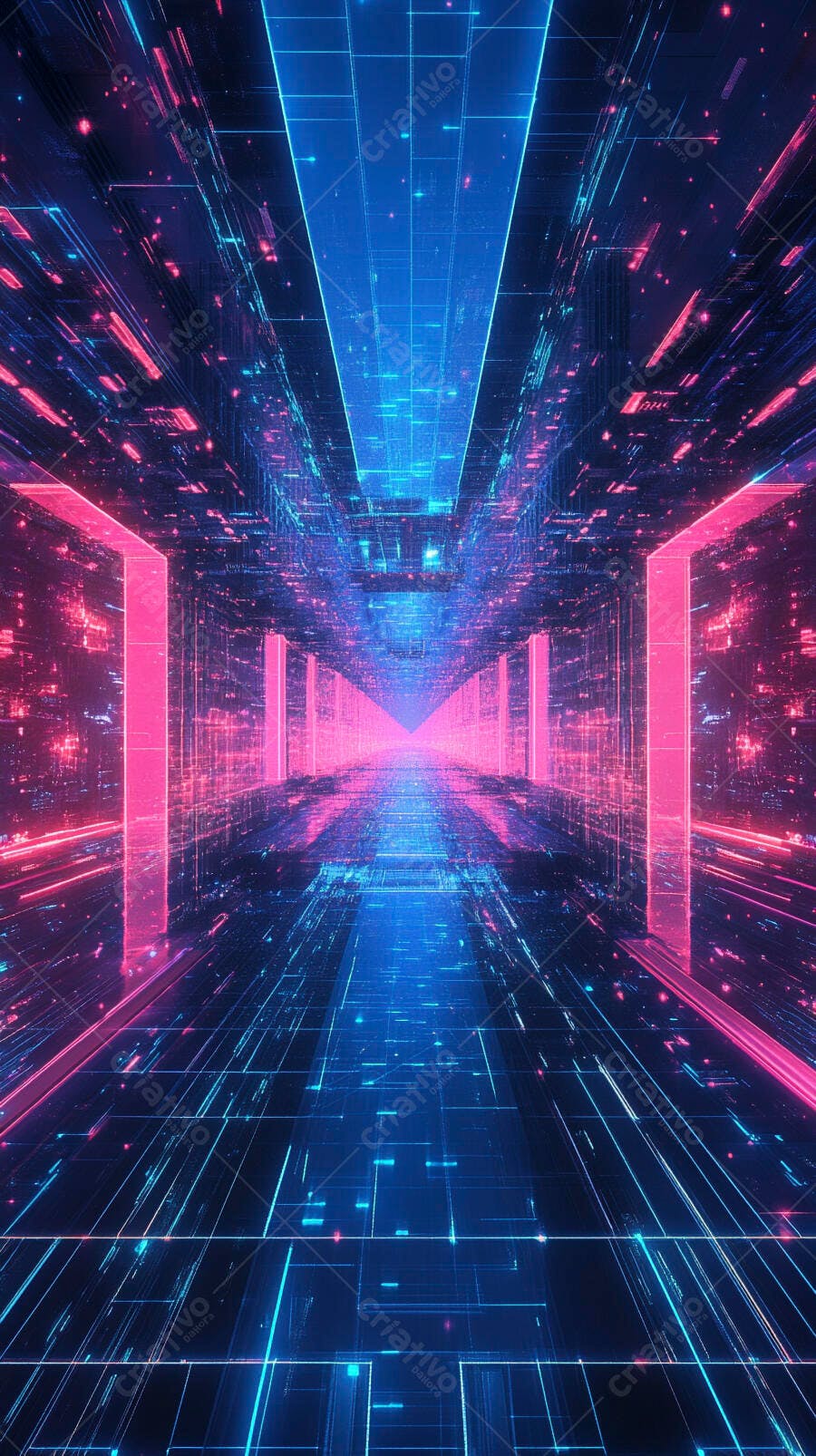 Corredor cibernético com luzes neon azul e rosa tecnologia futurista