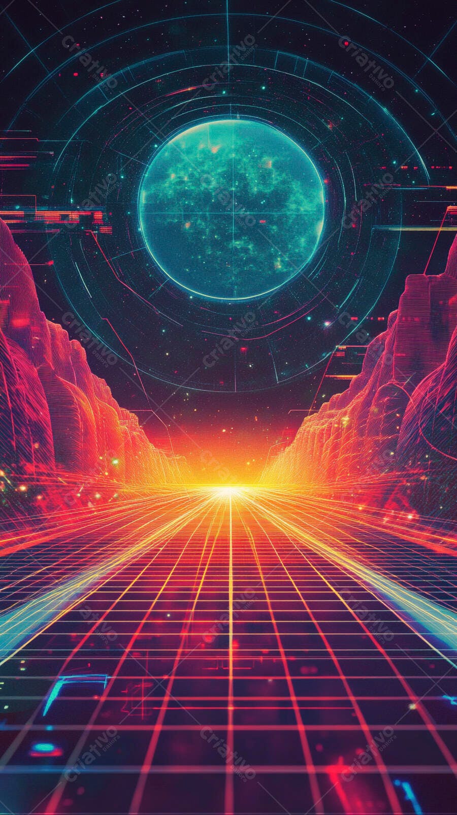 Paisagem digital futurista com grade neon e planeta azul brilhante no espaço
