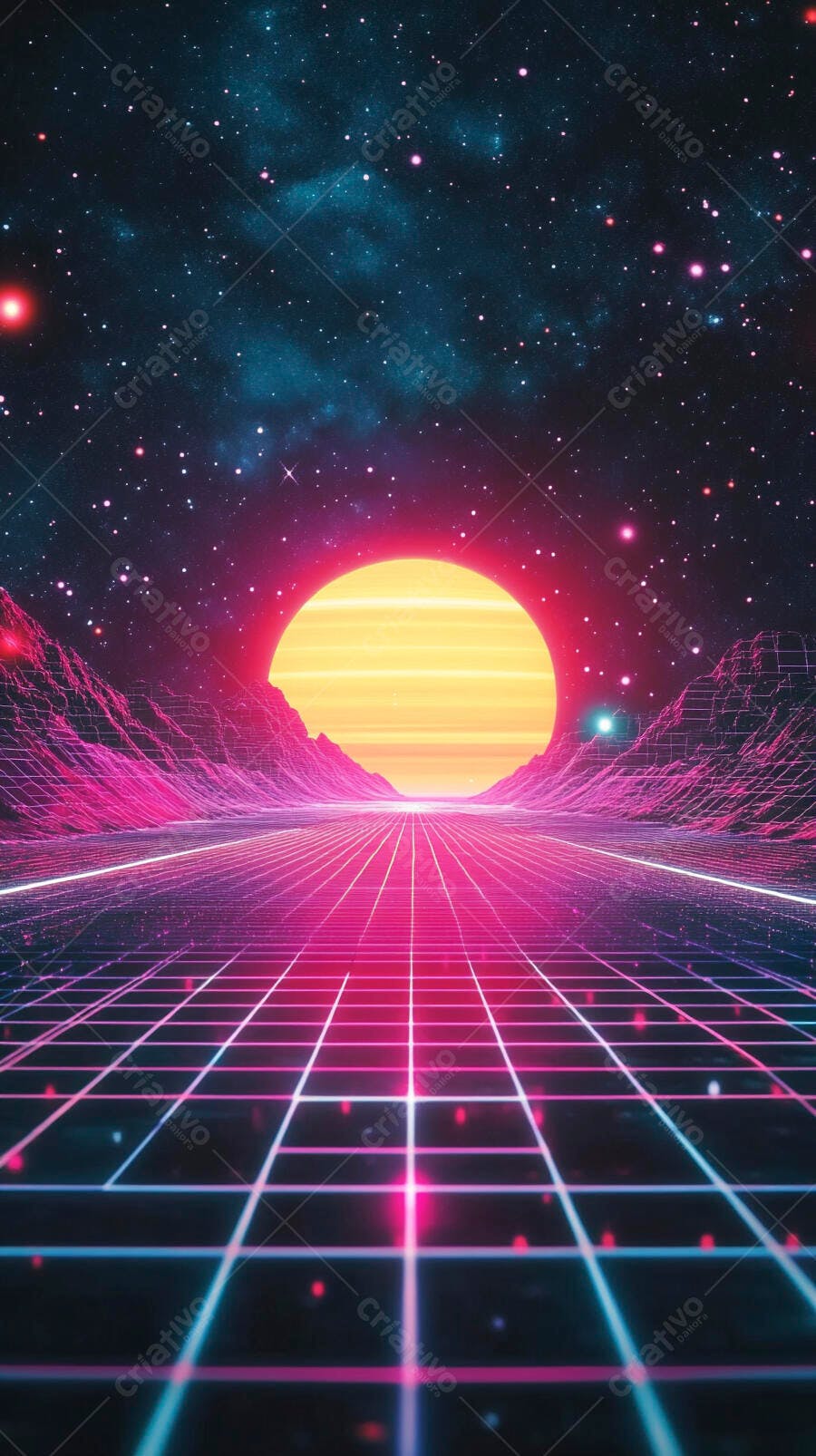 Paisagem retrofuturista com sol amarelo brilhante e grades neon rosa no espaço noturno