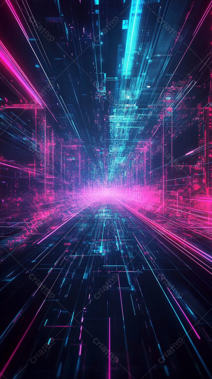 Túnel digital com luzes neon rosa e azul cibernético