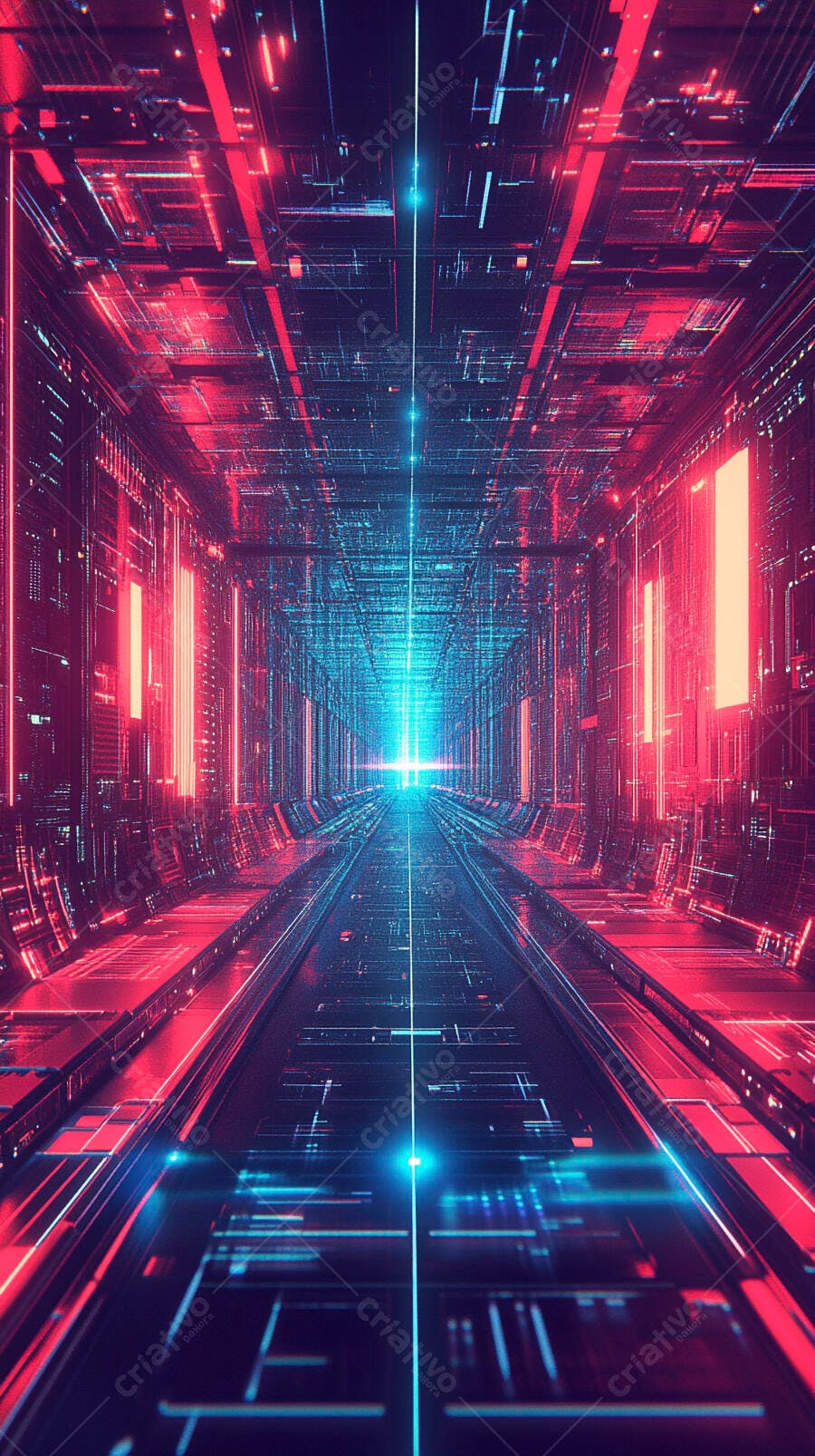 Túnel digital futurista com luzes neon vibrantes azul e vermelho
