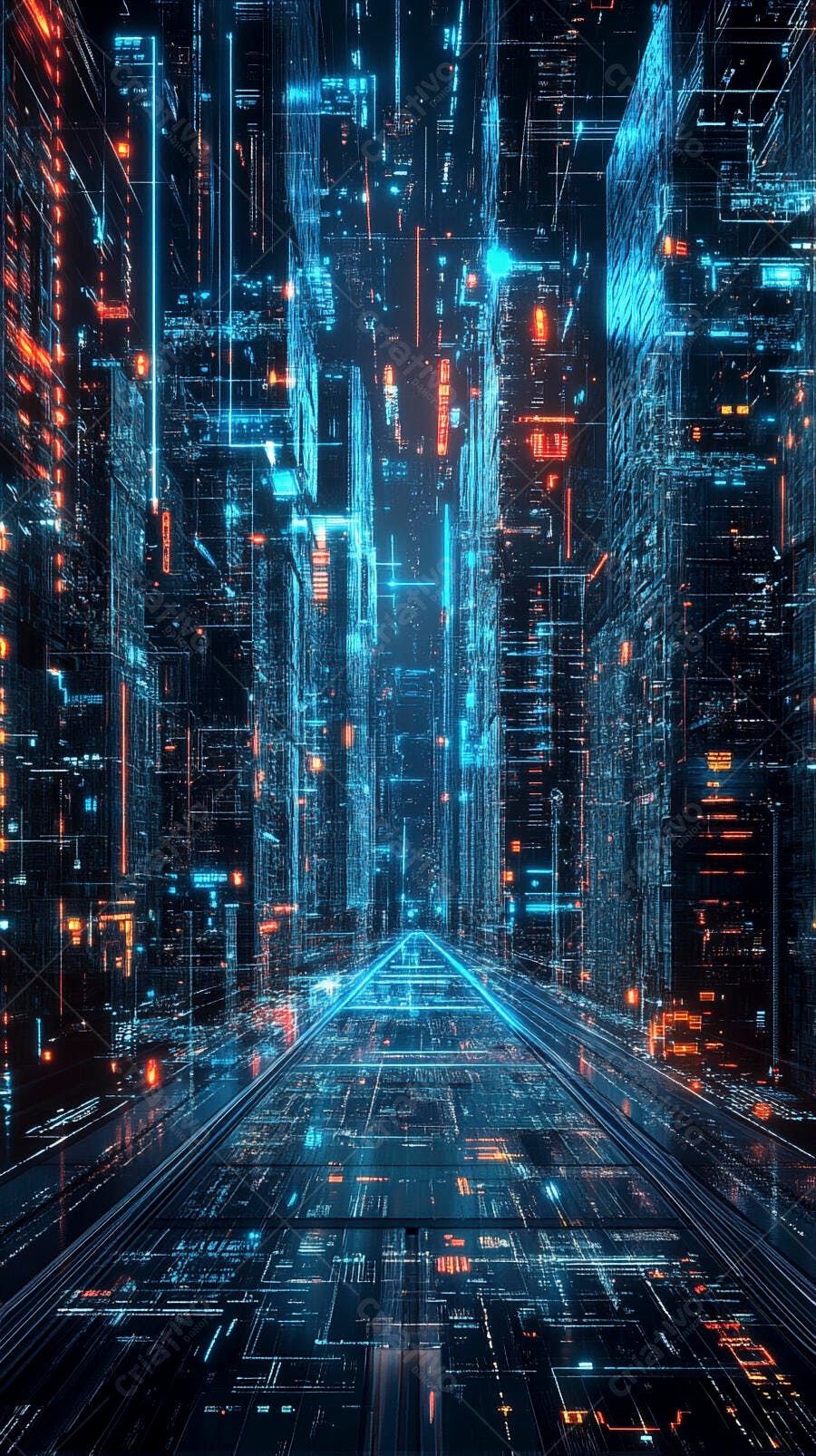 Cidade digital futurista com luzes azuis e laranjas