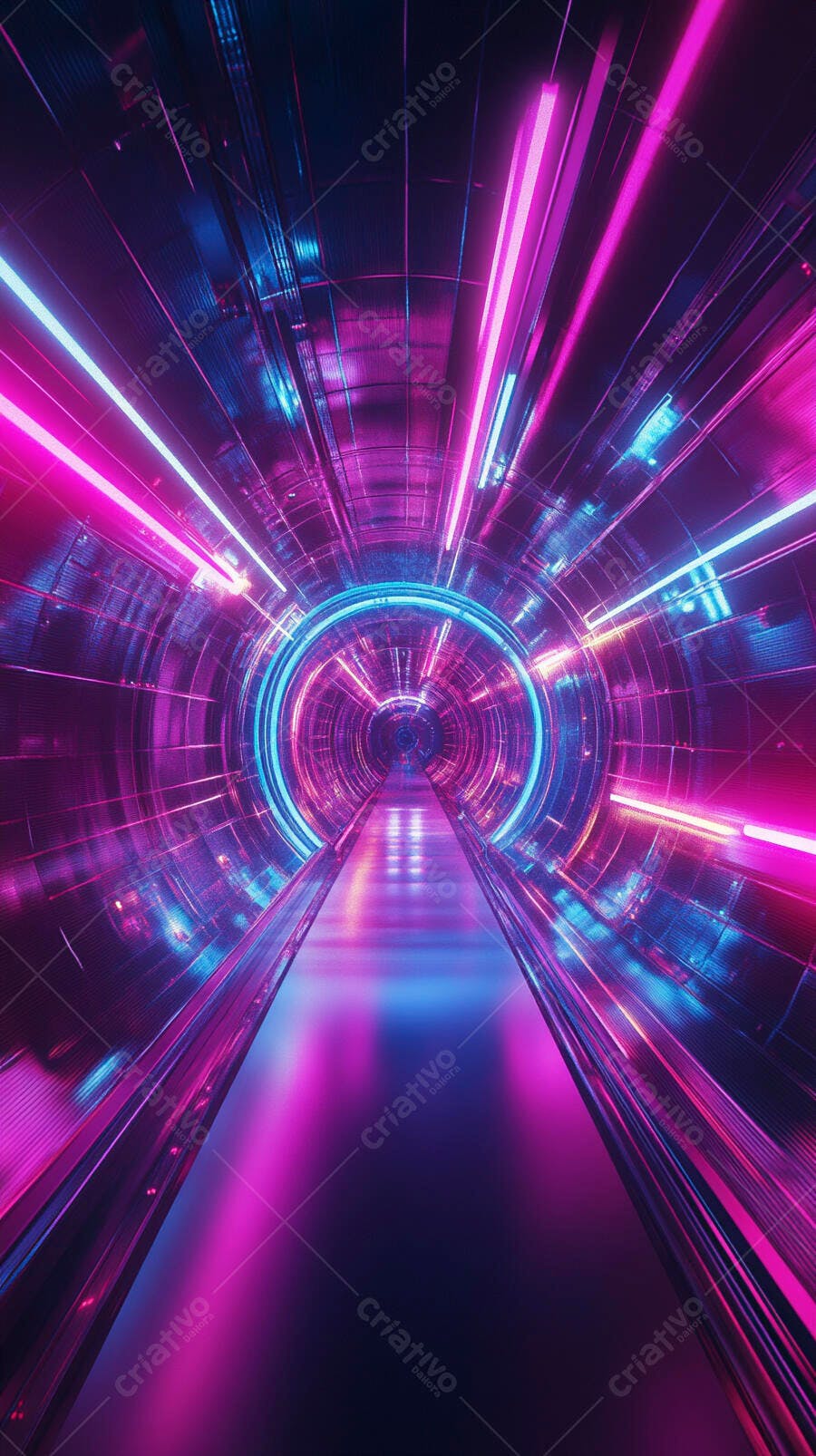 Túnel futurista iluminado com luzes neon rosa e azul intenso