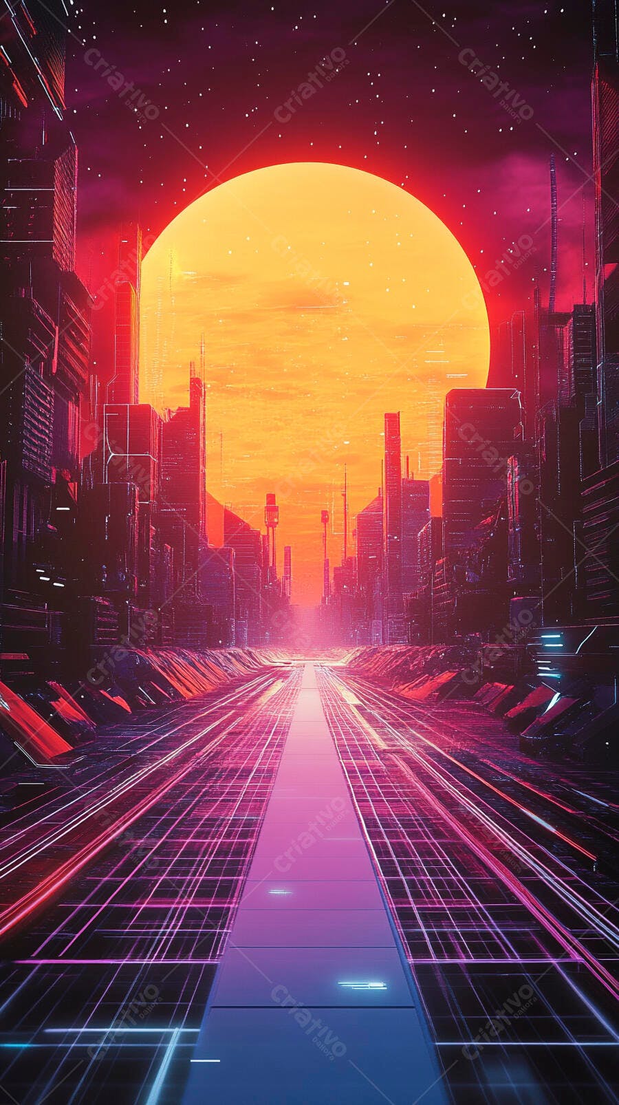 Cidade futurista com sol gigante e luzes neon vibrantes