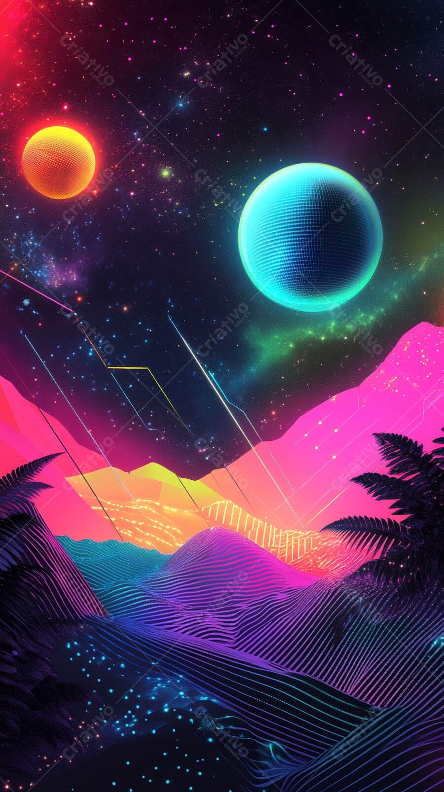 Cenário espacial neon com planetas brilhantes e montanhas digitais