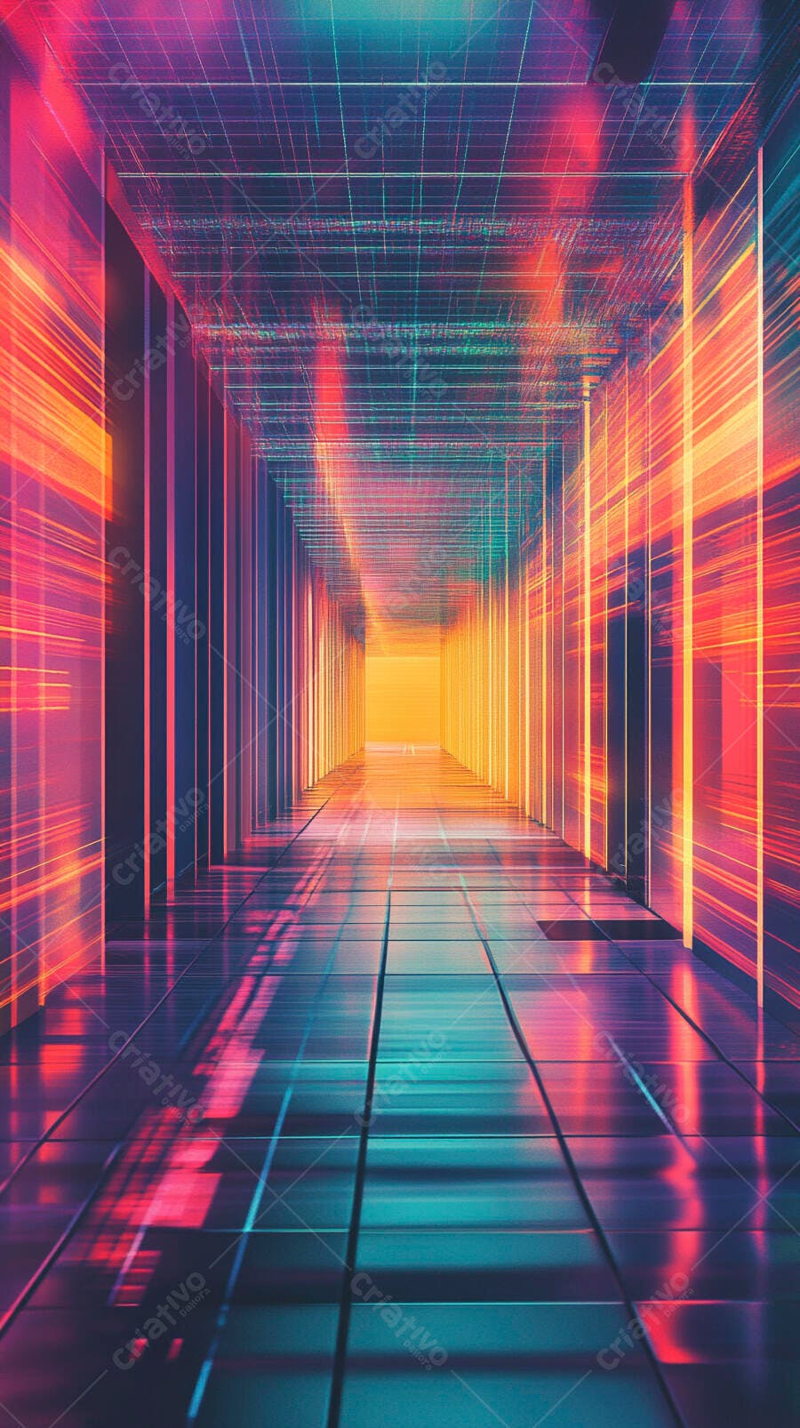 Túnel digital futurista com luzes neon vibrantes azuis e laranjas