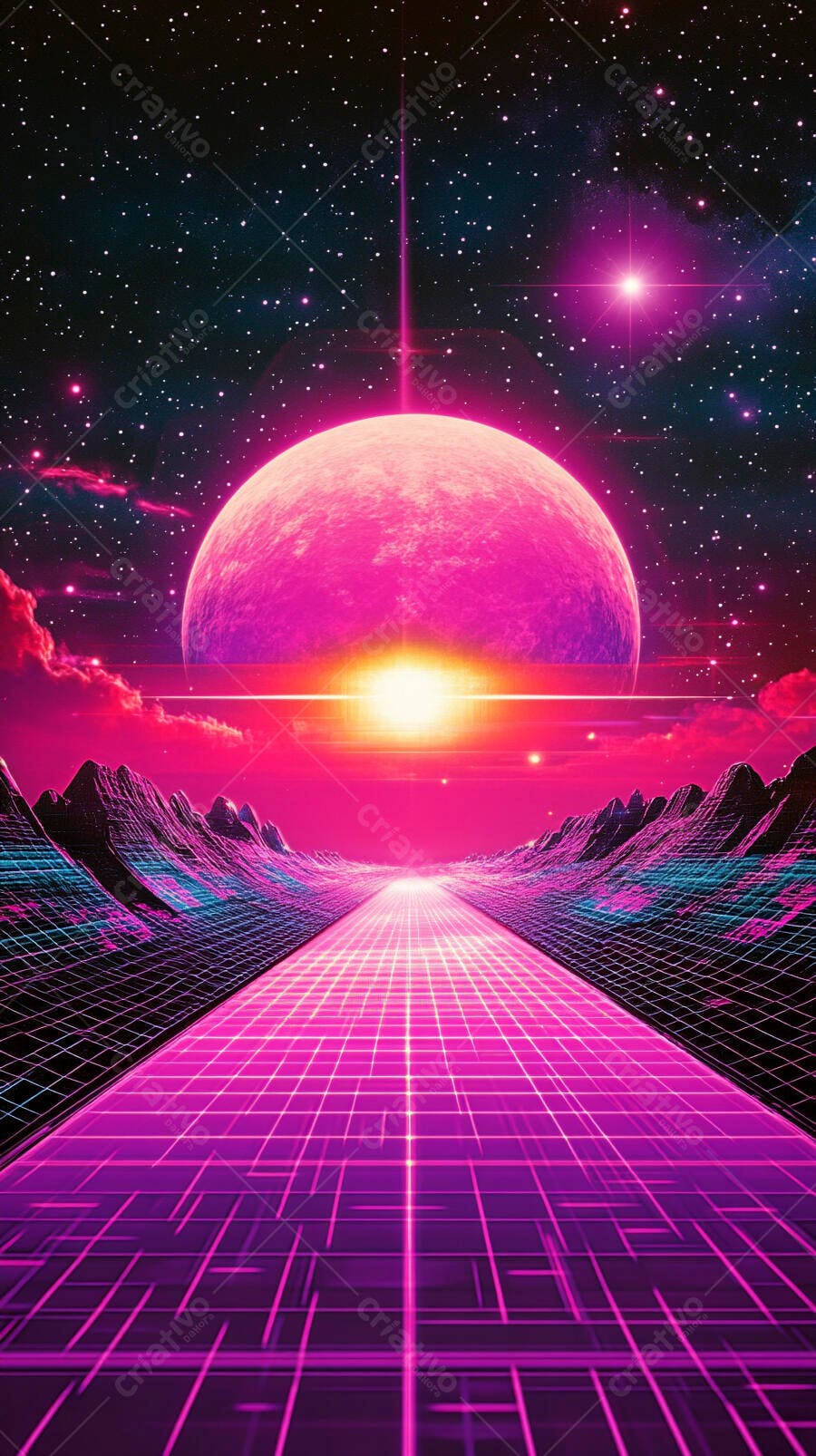 Paisagem retrowave estrada de grade rosa montanhas neon e planeta gigante no espaço