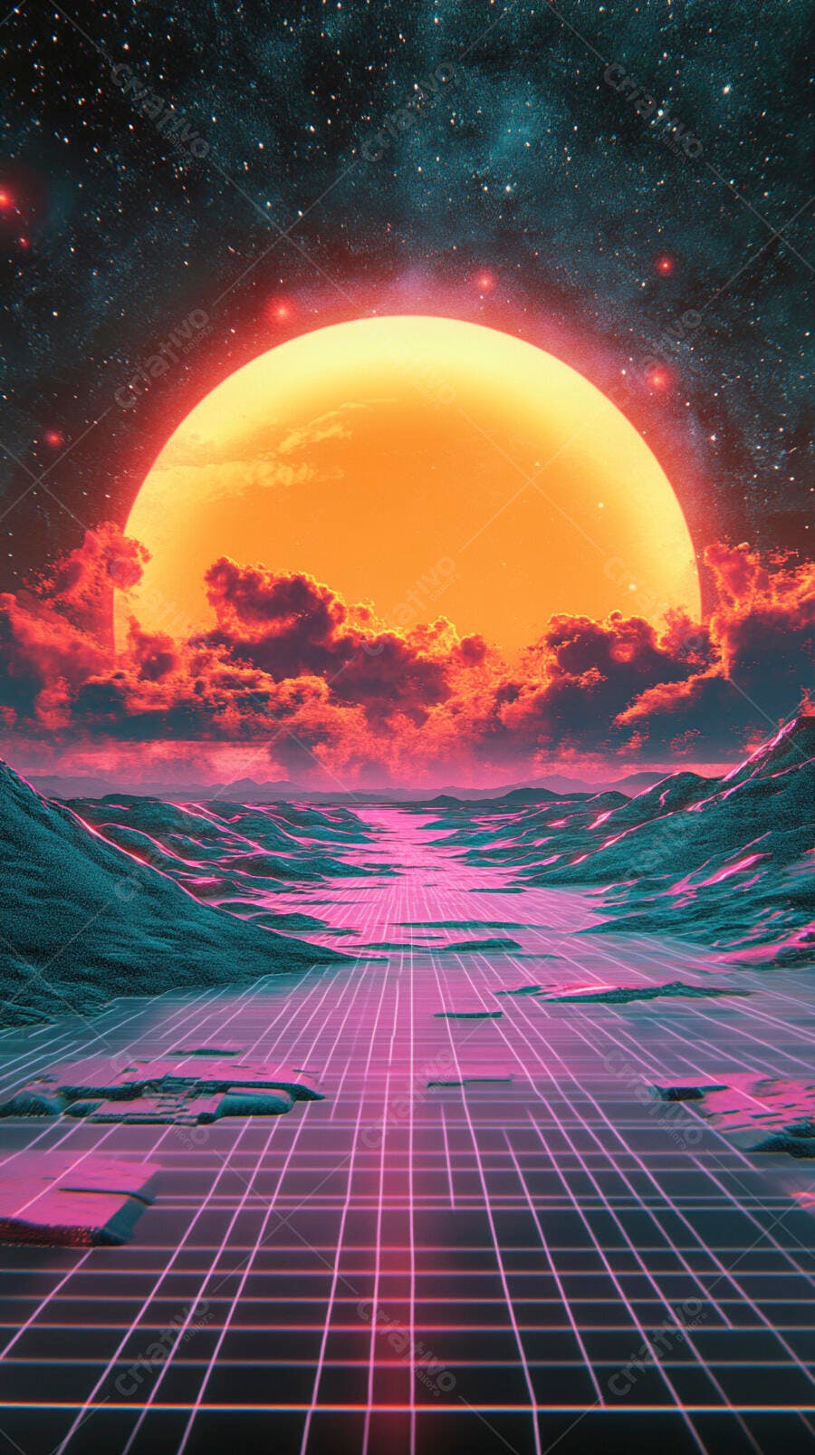 Paisagem futurista com sol gigante e grid neon rosa no horizonte