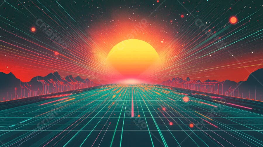 Sol laranja vibrante em paisagem digital retro-wave com estrada de grade azul-petróleo