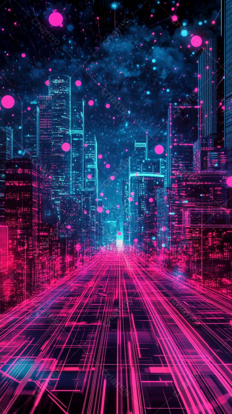 Cidade futurista cibernética com néon rosa e azul intenso