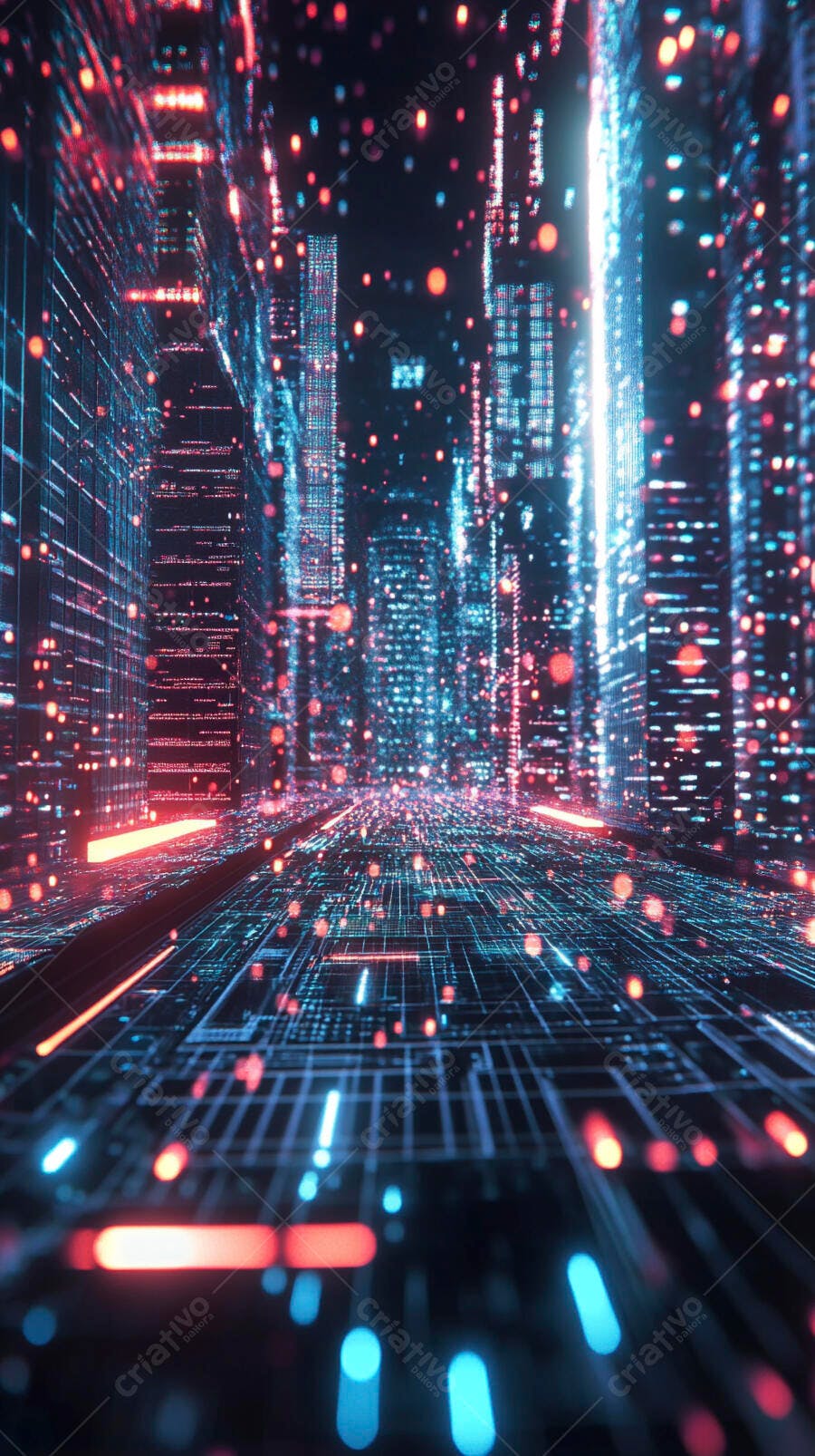 Cidade digital futurista com luzes azuis e vermelhas no ciberespaço