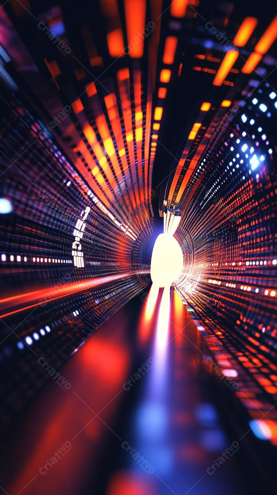 Túnel digital abstrato com luzes neon vibrantes e raios vermelhos