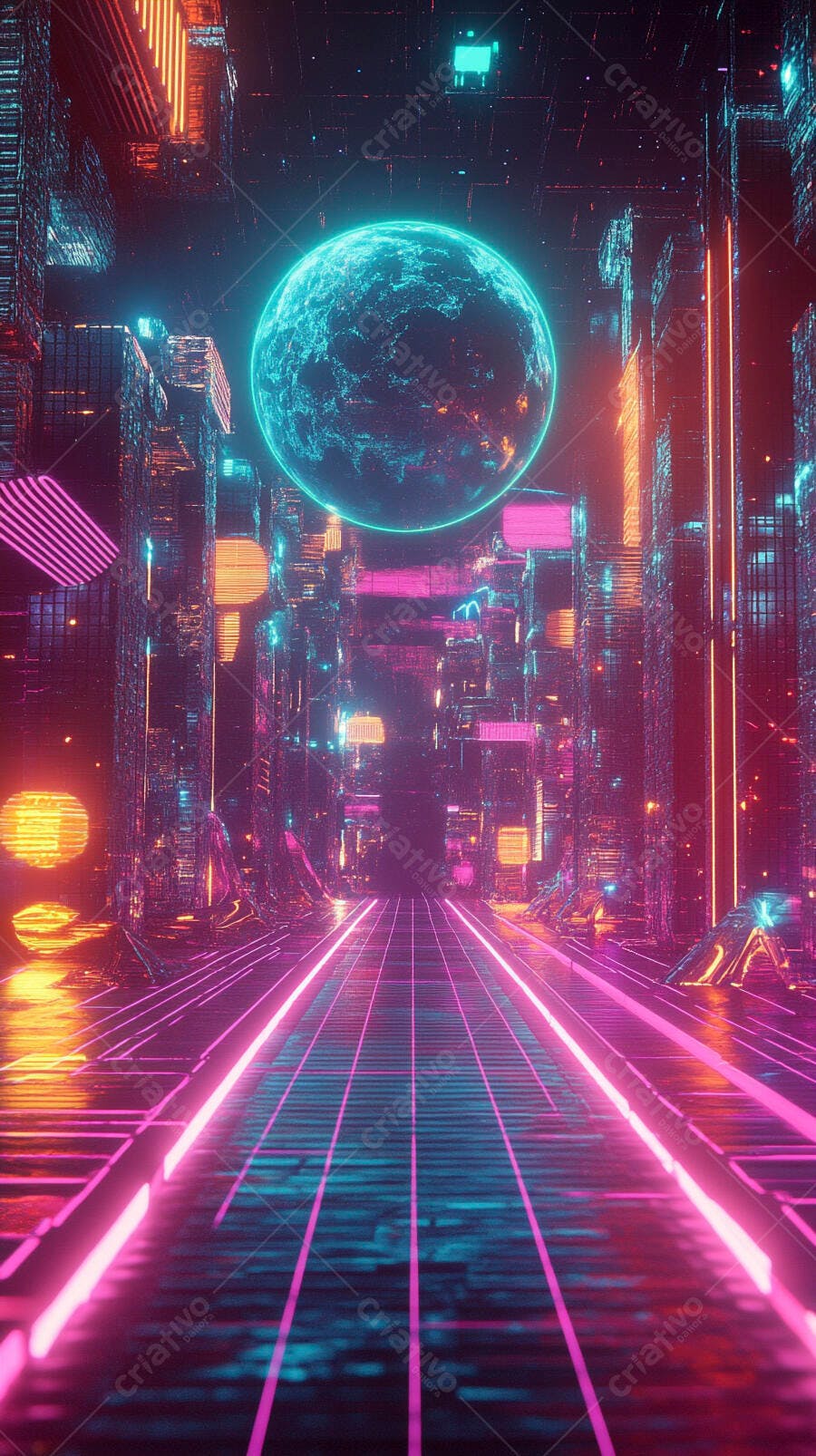Cidade futurista com rua neon rosa e azul e esfera brilhante no céu noturno