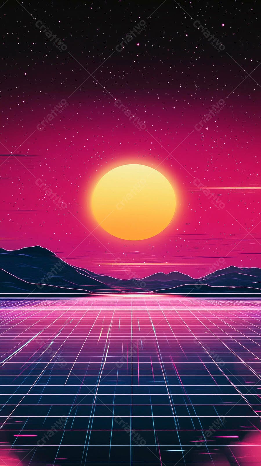 Paisagem synthwave digital pôr do sol neon com montanhas e grade retrofuturista