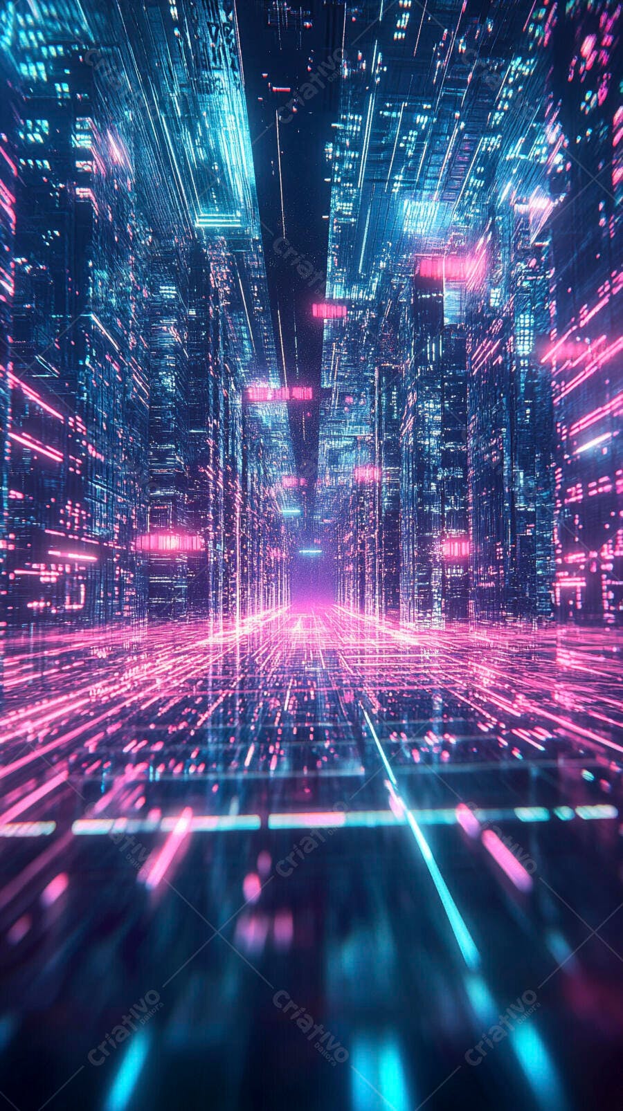 Túnel digital futurista com luzes neon rosa e azul intenso