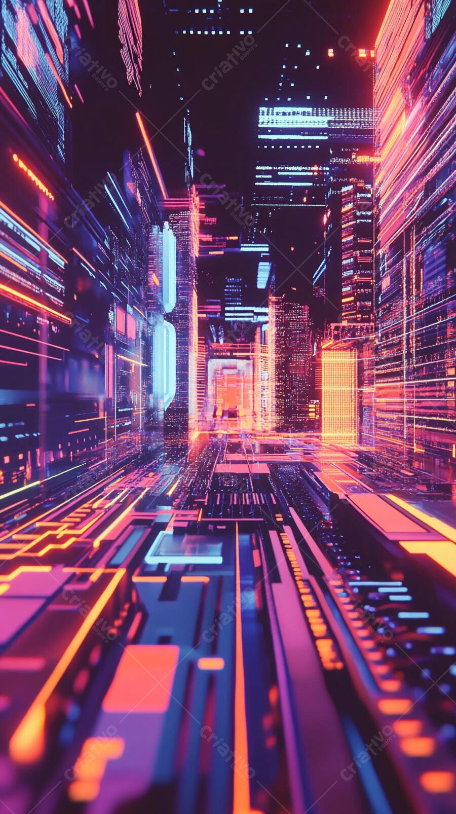 Cidade digital futurista com luzes neon vibrantes e arquitetura abstrata noturna