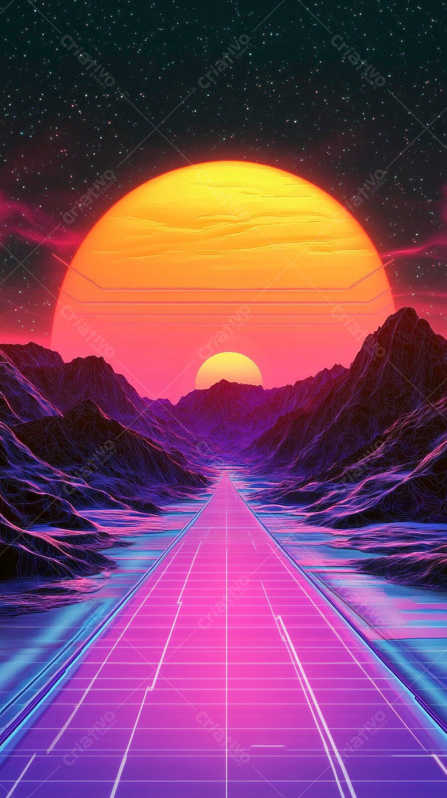 Paisagem synthwave com pôr do sol laranja e estrada digital neon roxa