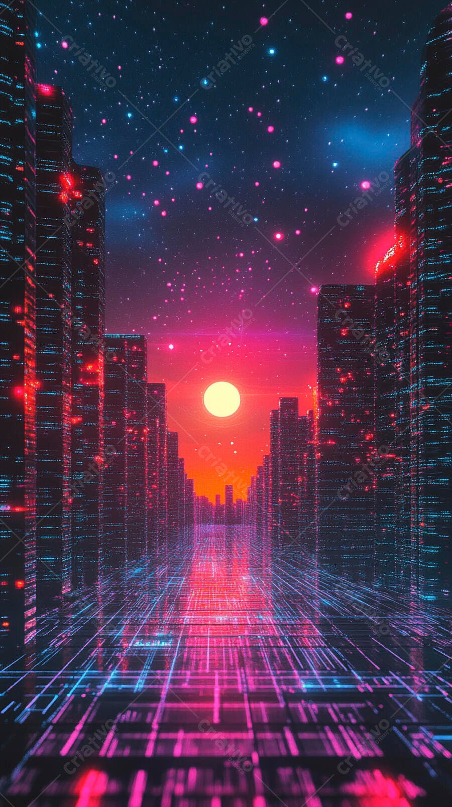 Cidade futurista entardecer com arranha-céus néon e grid digital vibrante