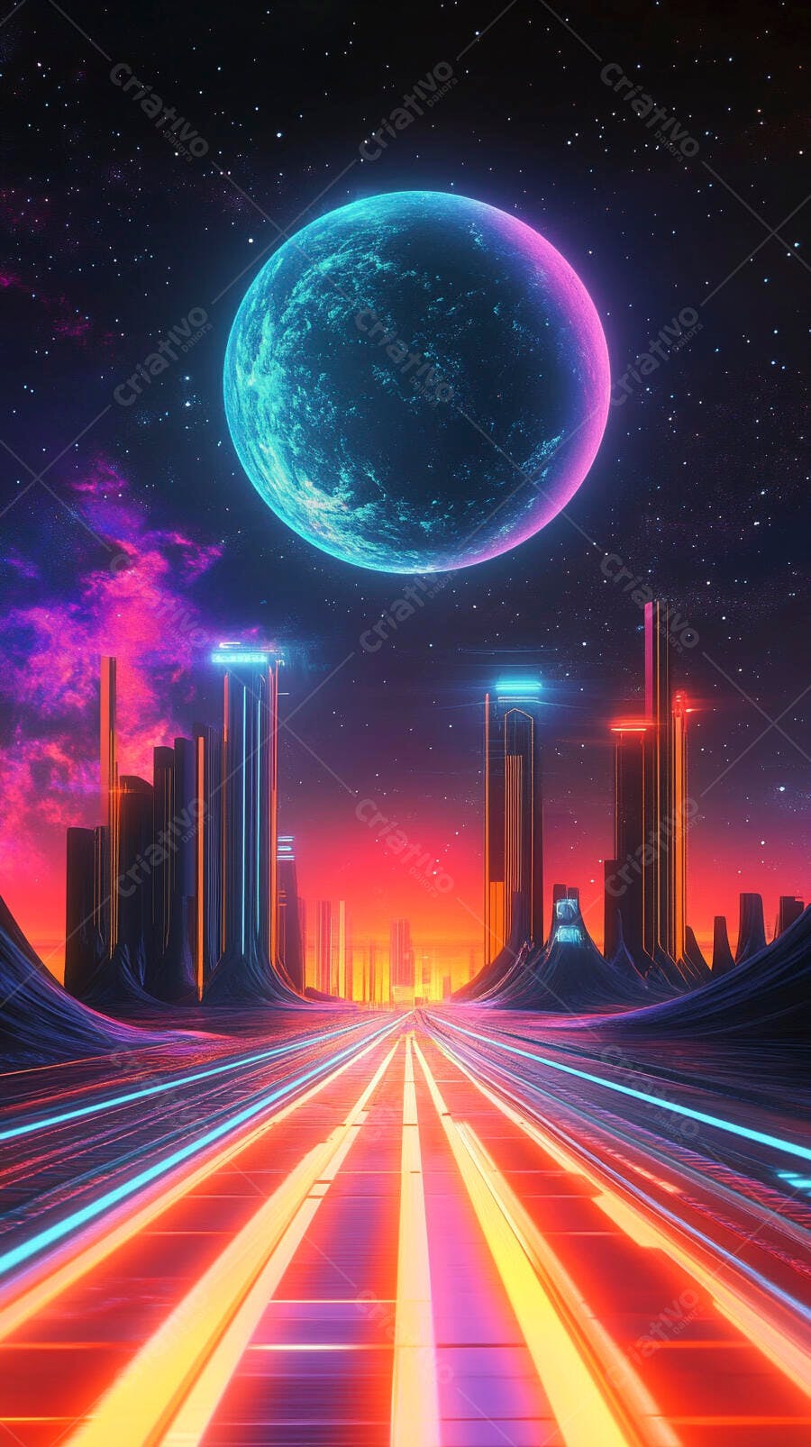 Cidade futurista neon com planeta alienígena e estrada brilhante sob céu estrelado