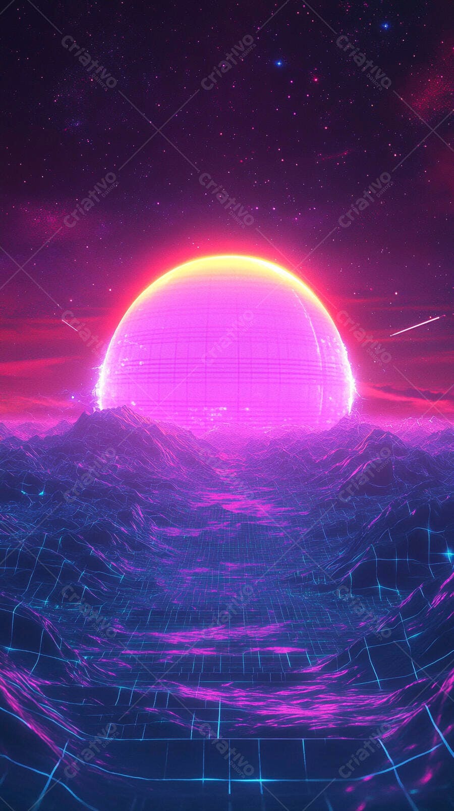 Pôr do sol neon em paisagem futurista com grade digital