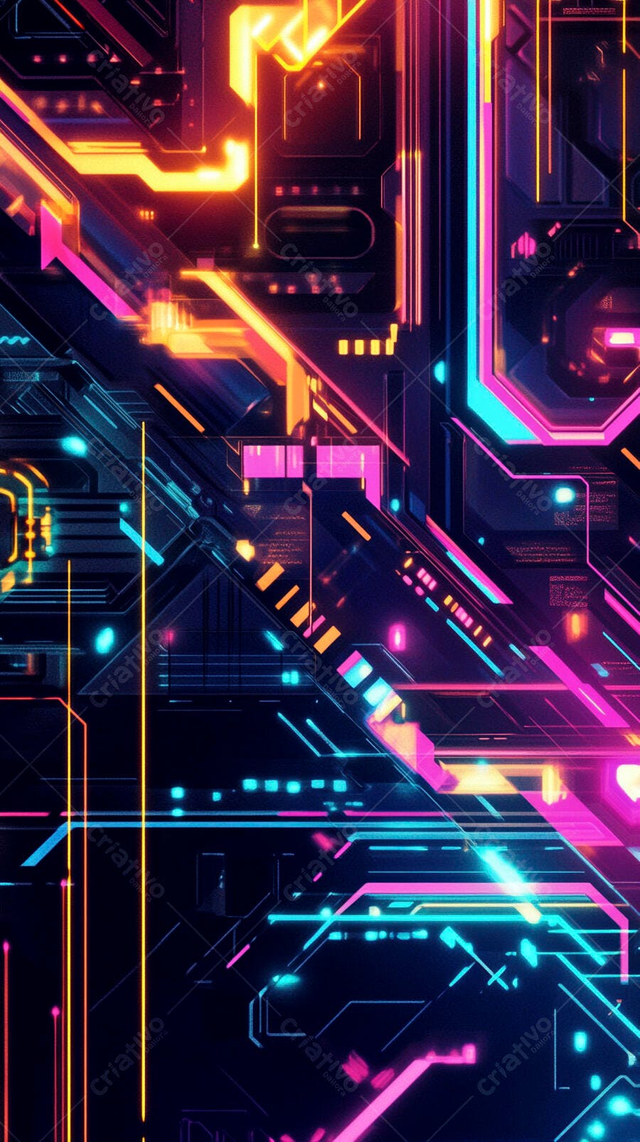 Circuito digital futurista com luzes neon vibrantes e geometria abstrata
