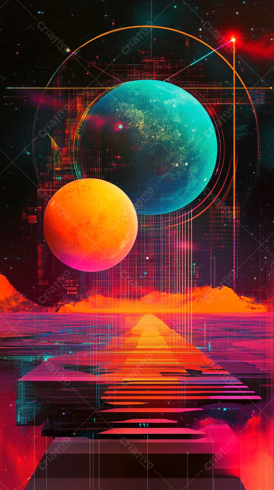 Paisagem futurista com planetas laranja e azul-petróleo em estrada digital vibrante
