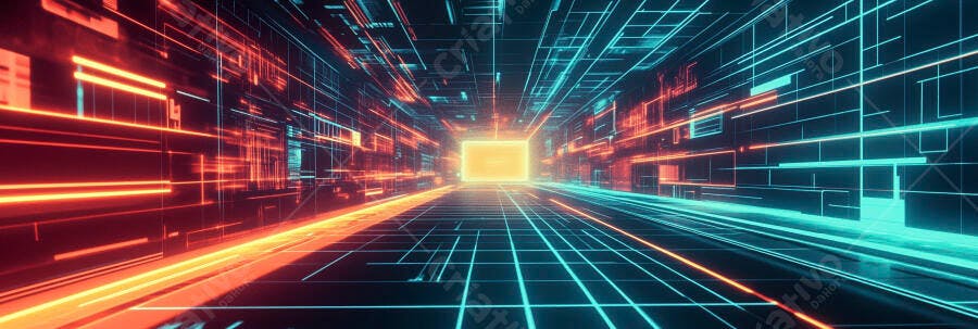 Túnel digital futurista com luzes neon azuis e laranjas