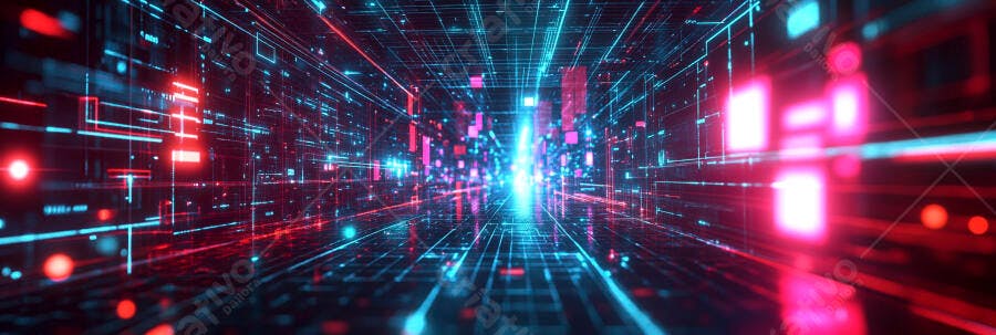 Túnel digital futurista com luzes azuis e vermelhas