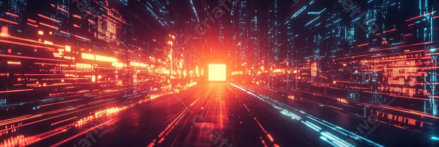 Túnel digital abstrato com luzes laranja e azuis vibrantes