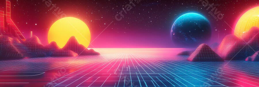 Paisagem synthwave com planetas neon e grade cibernética no horizonte