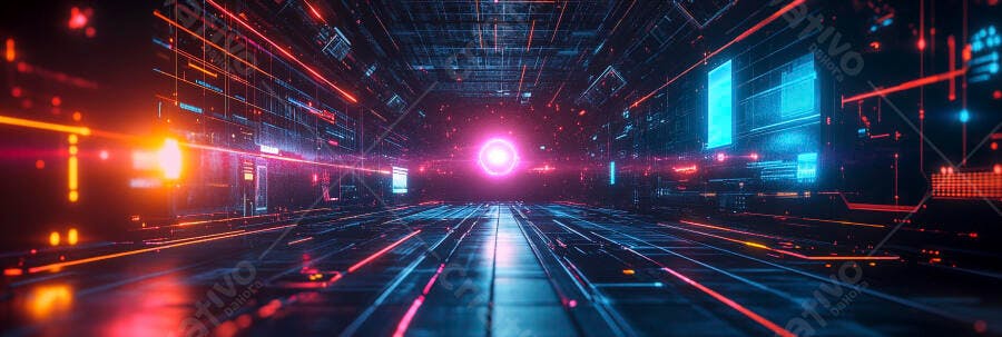 Túnel digital futurista com luzes neon rosa azul e laranja intenso