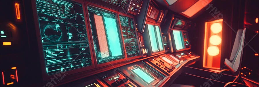Cockpit futurista com telas neon ciano e laranja sala de controle espacial