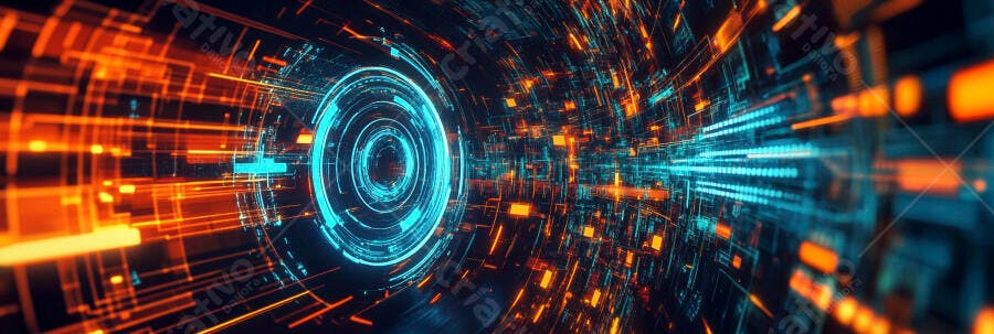 Túnel digital abstrato com fluxo de dados azul e laranja em alta velocidade