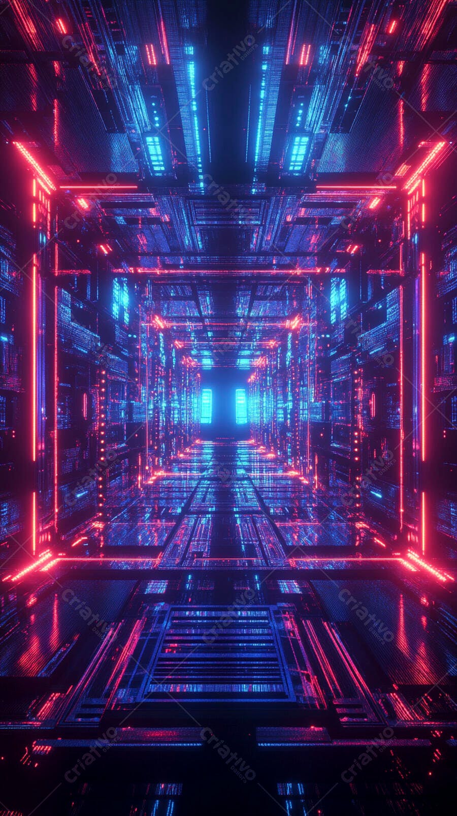 Túnel digital futurista com luzes neon azuis e vermelhas e padrões de circuito