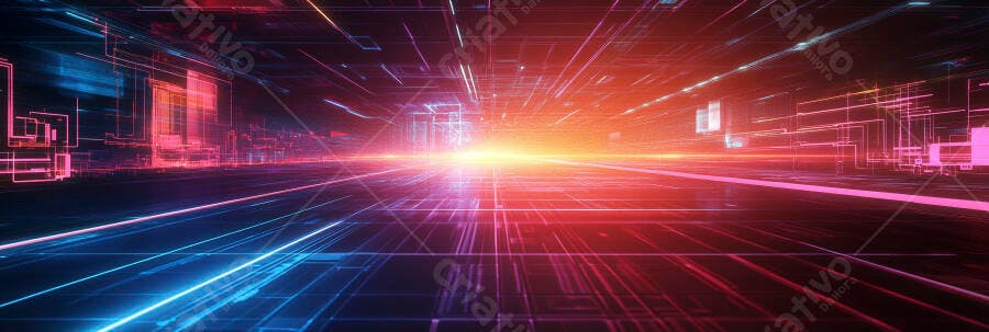 Túnel de dados digitais neon com luz brilhante ao centro