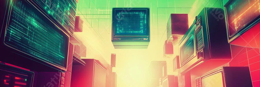 Monitores CRT retrô com código digital verde e luz ambiente vibrante