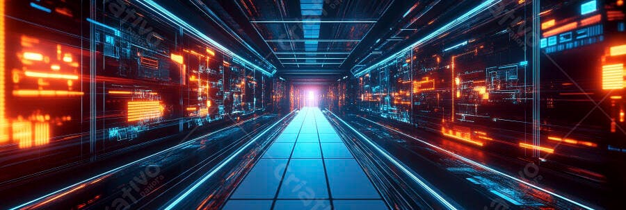 Túnel digital futurista com luzes neon azuis e laranjas