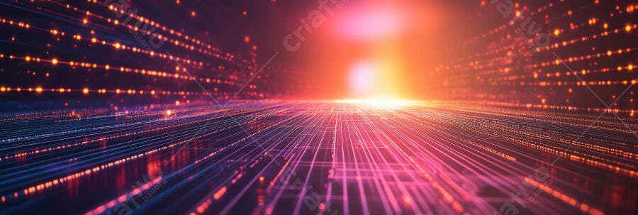 Rede de dados digitais futurista com luzes brilhantes em roxo e laranja